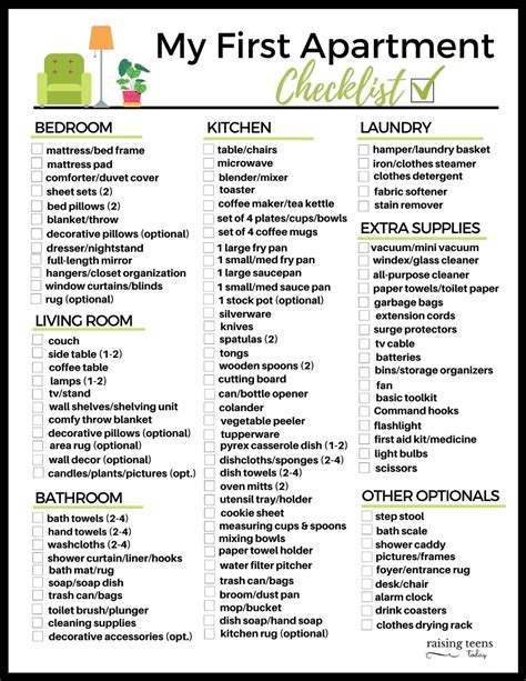 My First Apartment Checklist Free Printable Raising Teens Today