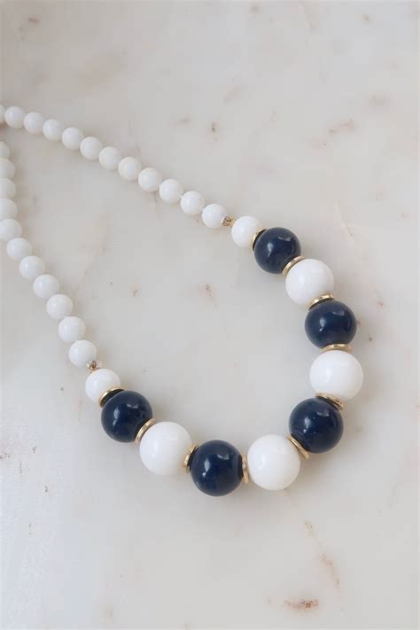 Navy Blue And White Bead Necklace Etsy White Beaded Necklaces