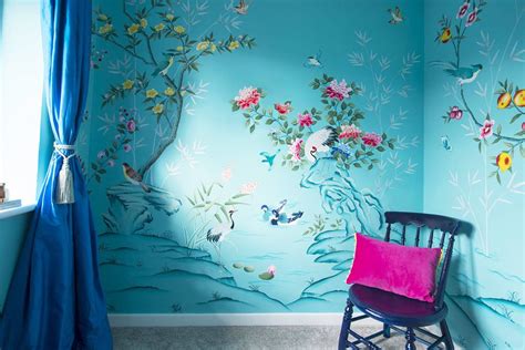 The clients and i decided we wanted the animals to look natural, but well this glamorous dining room with spectacular hand painted silk wallpaper and silk draperies is a perfect example of hollywood regency glamour. Turquoise Chinoiserie, Nursery | Projects | Diane Hill ...