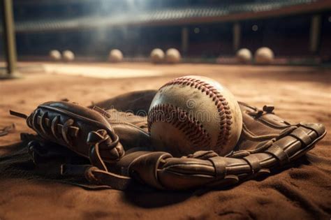 Baseball In Glove Laying On Pitcher S Mound Of Ball Field Ai Generated