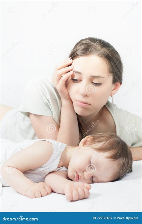 Sad Mother With Baby Depressed Woman Sleeping Child Stock Image