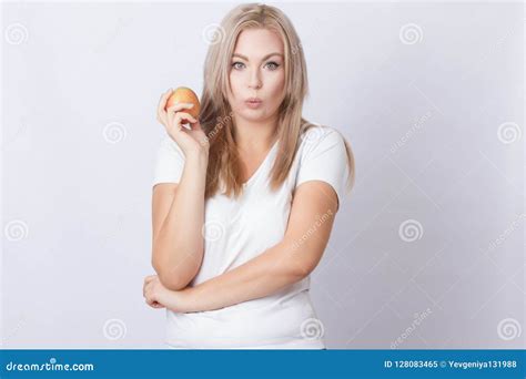Beautiful Blonde Woman With Apple Stock Image Image Of Lifestyle Fruit 128083465