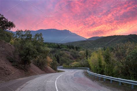 Mountain Winding Road At Sunset High Quality Transportation Stock
