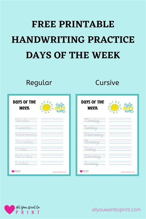 Days Of The Week Handwriting Practice Both Normal And Cursive Free