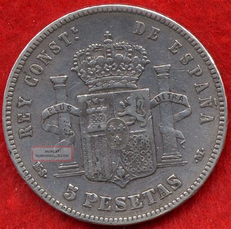 Rare 5 Pesetas Silver Spain Coin 1885 Alfonso Xii Xf