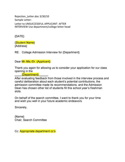 34 College Rejection Letter Samples And Examples Templatelab
