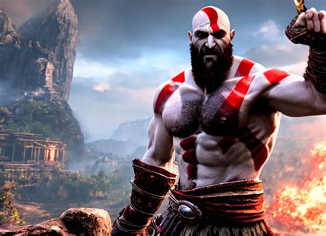 In Game Screenshot Of Kratos Victoriously Holding Stable Diffusion