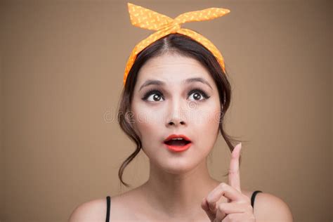 surprised asian girl with pretty smile in pinup style on yellow stock image image of style
