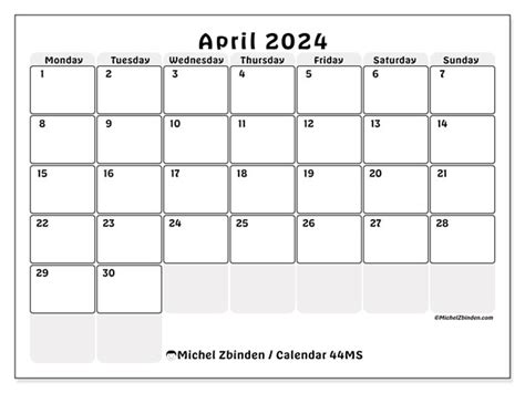 Calendar April 2024 44MS Michel Zbinden GB