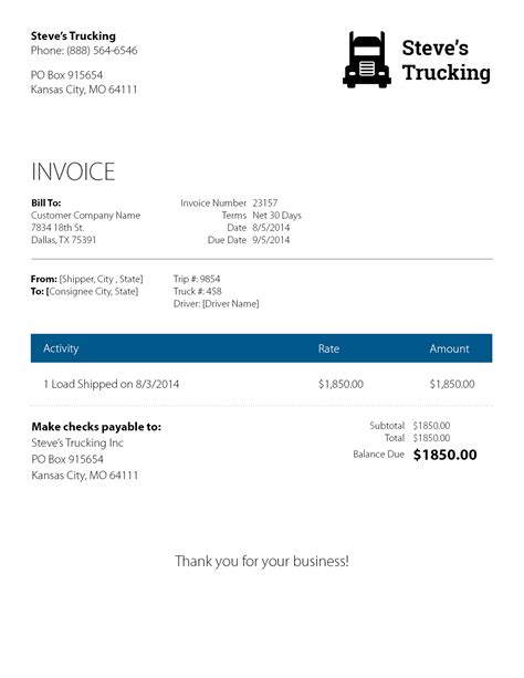 Invoice Template For Trucking