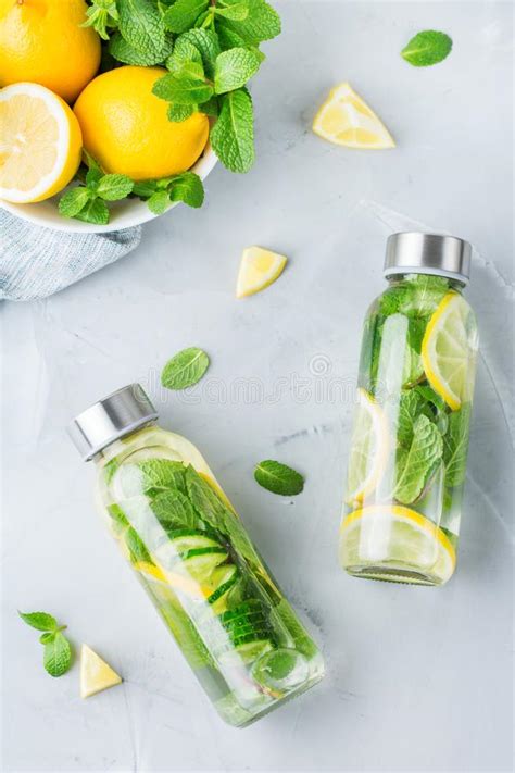 Fresh Cool Lemon Cucumber Mint Infused Water Detox Drink Stock Photo