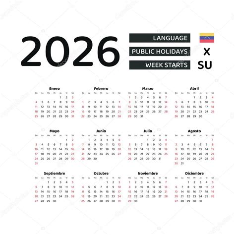 Calendario 2026 Español Con Venezuela Festivos La Semana Comienza El