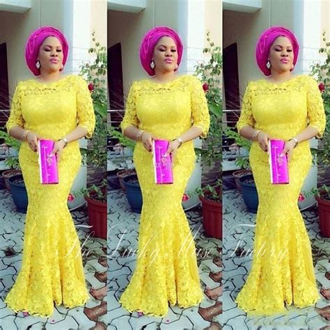Aso Ebi Style Yellow Lace African Prom Dresses Mermaid Half Long Sleeve