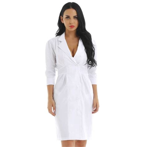 White Lab Coat Doctor Costume Lapel Neck Knee Length Sexy Nurse Uniform