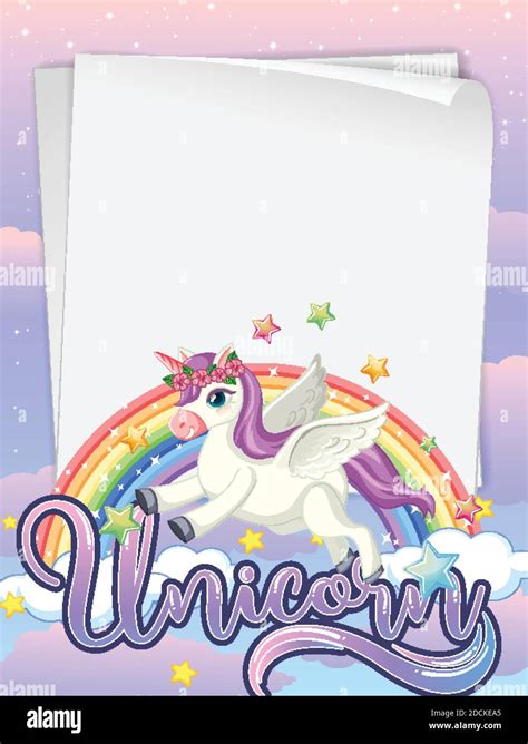Blank Paper Banner With Cute Unicorn In The Pastel Sky Background