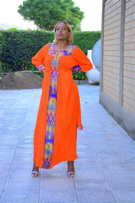 Habesha Kemis Ethiopian Clothing Ethiopian Dress Orange Dress Cute Long Dress Habesha Dress