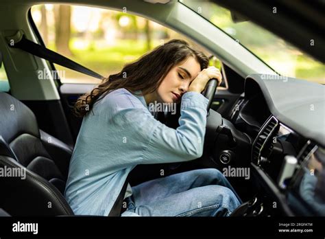 Stressed Woman Drive Car Feeling Sad And Angry Driving When Tired And