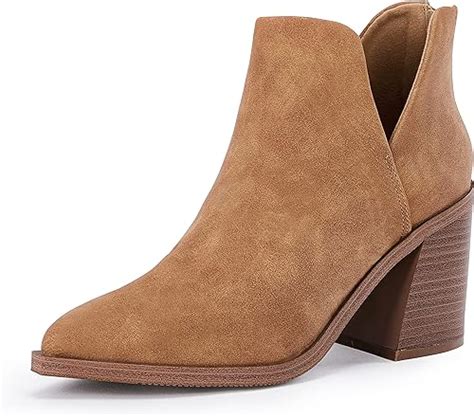 Fisace Womens Pointed Toe Stacked Mid Heel Ankle Boots V