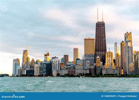 Panoramic View Of Chicago Waterfront During Sunset Times From North