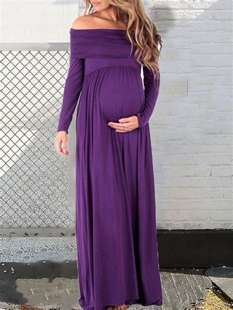 Purple Draped Maternity For Babyshower Off Shoulder Long Sleeve Elegant