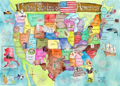 Free Shipping State Landmarks Usa Map For Kids Turquoise Etsy Maps