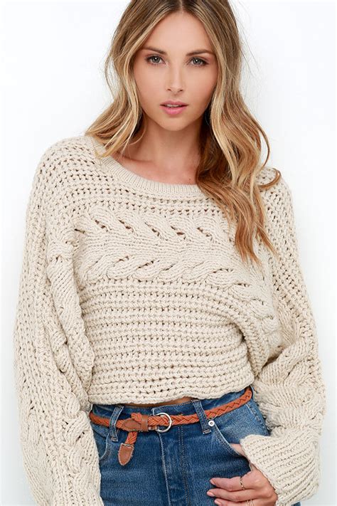 Beige Sweater Cable Knit Sweater Cropped Sweater 10900 Lulus