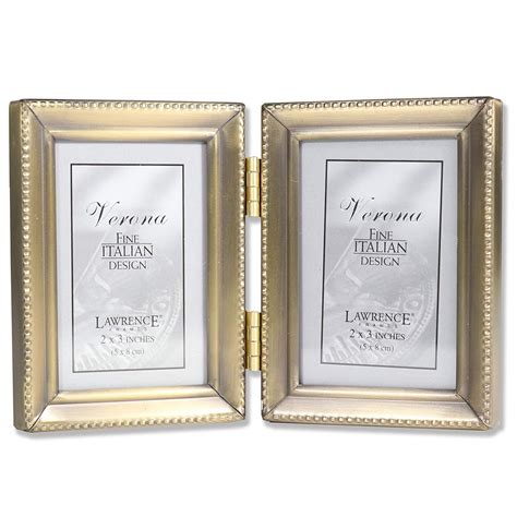 Antique Gold Brass Hinged Double 2x3 Picture Frame Beaded Edge Design