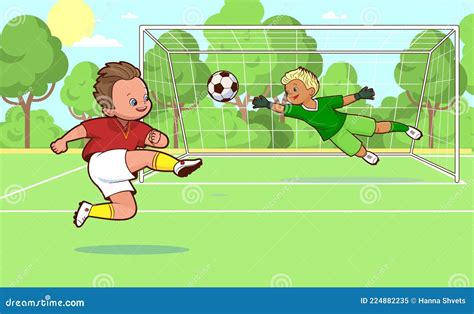 Two Soccer Players Playing Soccer On The Field Scoring A Goal Vector