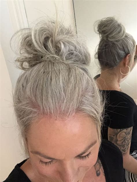 Messy Grey Bun Gorgeous Hair Beautiful Gray Hair Grey Hair Color
