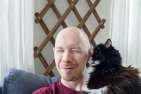 Hairless Man Holding His Cat Stock Image Image Of Lifestyle Fluffy