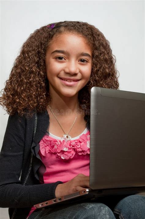 Young Girl With Laptop And Smiling Stock Photo Image Of Smile