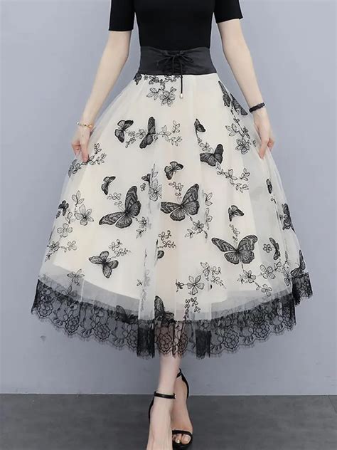 TIGENA Elegant Butterfly Embroidery Lace Tulle Long Skirt Women