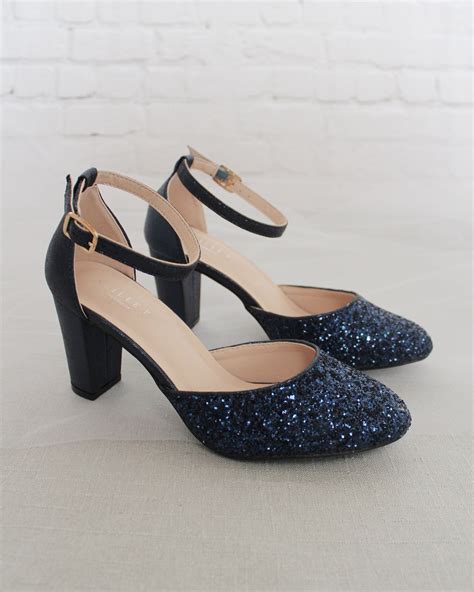 Navy Rock Glitter Block Heel With Ankle Strap Heels Navy Blue Shoes