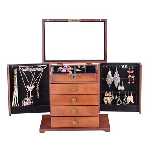 Large Wooden Jewellery Box Rings Necklace Earring Storage Cabinet