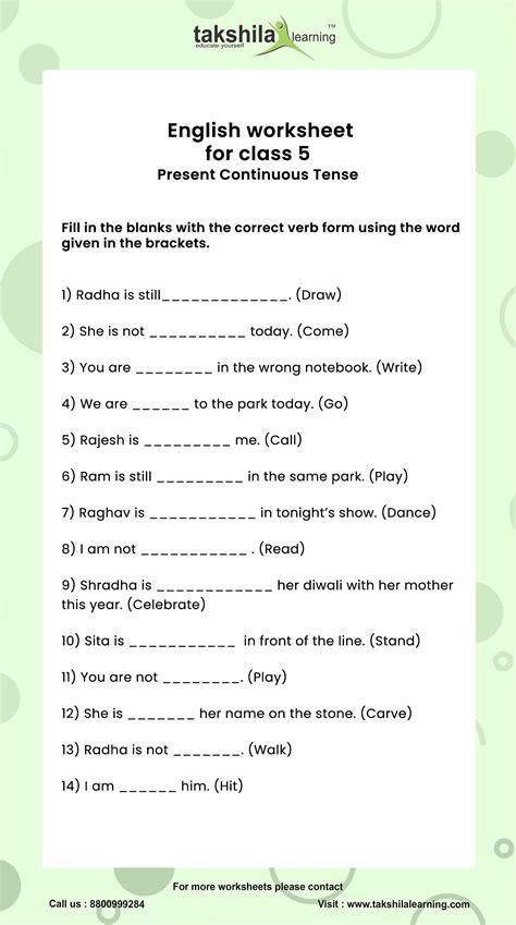 Present Continuous Tense English Worksheet For Class 5