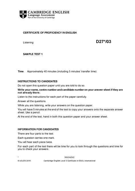 Cambridge English Proficiency Sample Paper 1 Listening V2 Certificate