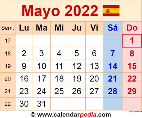 Calendario Mayo 2022 Para Imprimir Gratis Pdf  Xls Images