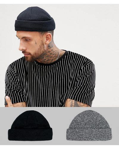 Asos Synthetic Mini Fisherman Beanie 2 Pack In Black And Twist Recycled