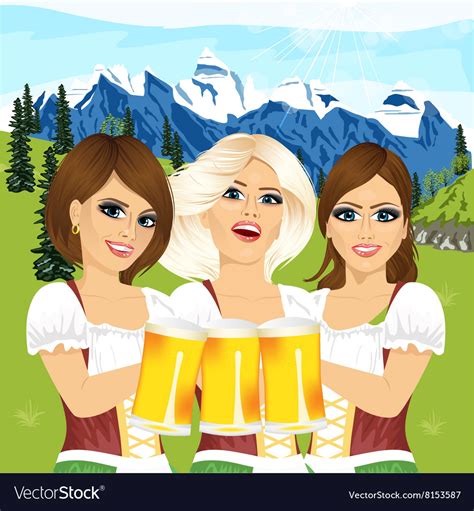 Three Oktoberfest Girls Holding Beer Tankards Vector Image