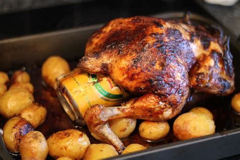 Add the quartered onion to the chicken and marinade, and put the chicken in the oven and roast until it is browned, crisp at the edges and cooked through, about 30 to 40 minutes. Sweet and Spicy Beer Can Chicken - Rhyme & Ribbons