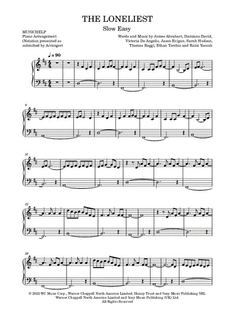 Musichelp The Loneliest Slow Easy Sheet Music Piano Solo In D