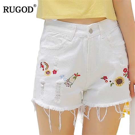 Rugod Embroidery Floral White Shorts For Women 2018 Mid Waist Holes Denim Shorts Fashion Summer