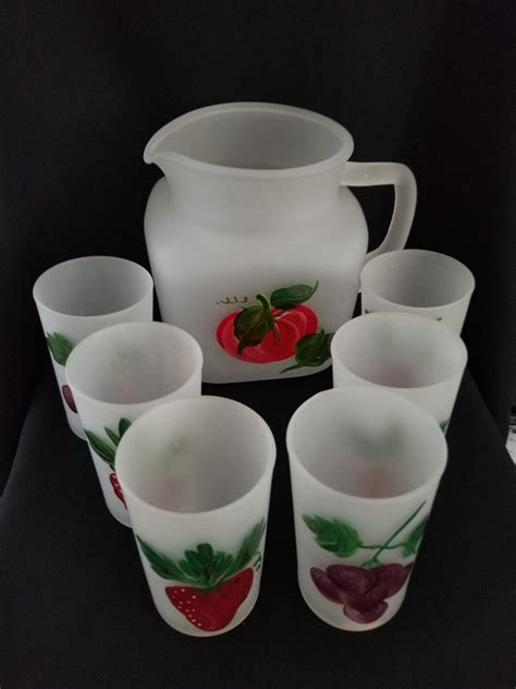 Vintage Frosted Glass Juice Pitcher And Glass Set Etsy