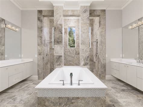 2 modern travertine stone vessel sinks this original, hand made, high end sink features a smooth, polished texture that will provide the perfect finishing touch for your bathroom ! Awesome Orlando Grey Travertine Tile Contemporary Bathroom Chrome Fixtures Open Shower His And ...