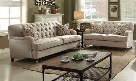 sofa and loveseat set alianza beige fabric 2pc button ...