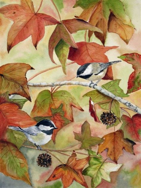 Chickadees On Autumn Leaf Branch Etsy