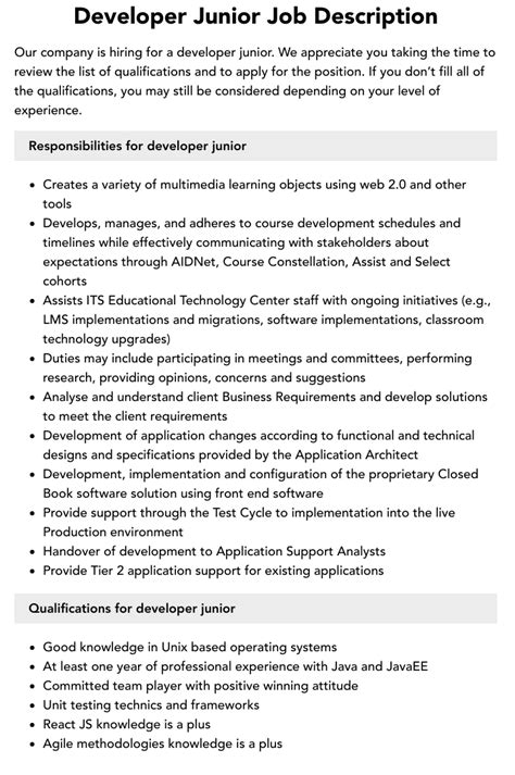 Developer Junior Job Description Velvet Jobs