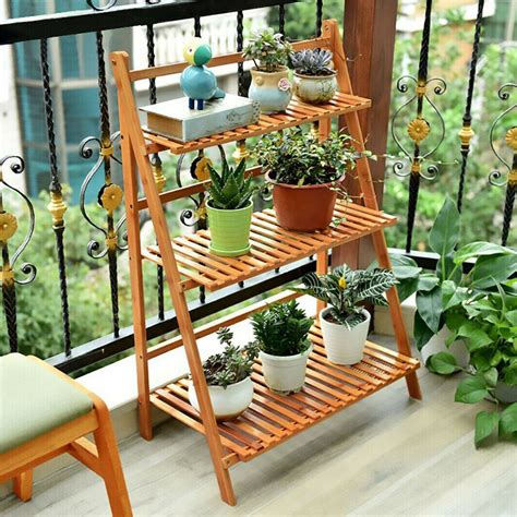 Folding Bamboo Plant Stand 3 Tier Flower Succulent Pot Shelving Rack