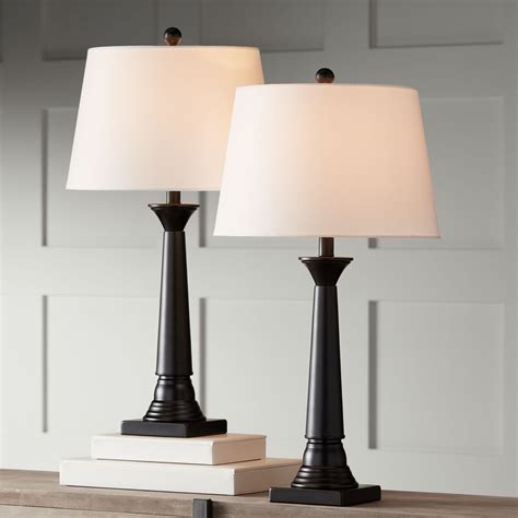 360 Lighting Modern Table Lamps Set Of 2 Deep Bronze Tapered Column Off White Drum Shade For