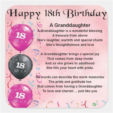 Granddaughter Poem 18th Birthday Square Sticker